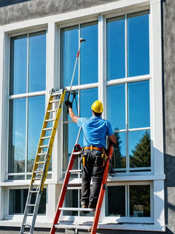 Professional window cleaner working on residential windows